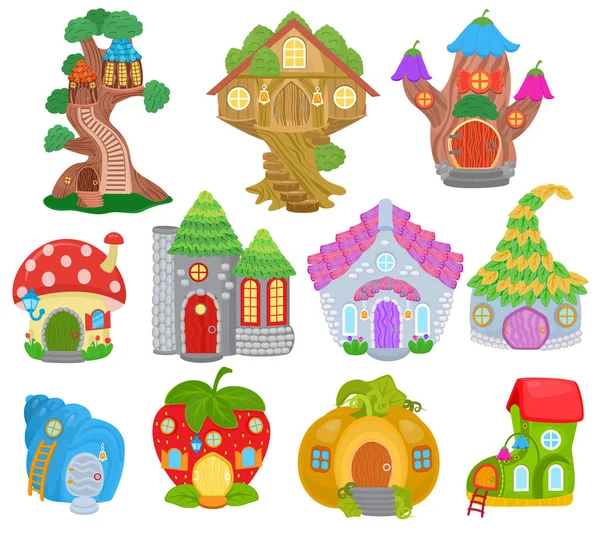 Fantasía casa vector de dibujos animados casa del árbol de hadas y la vivienda mágica pueblo ilustración conjunto de niños cuento de hadas calabaza o fresa playhouse aislado sobre fondo blanco — Vector de stock