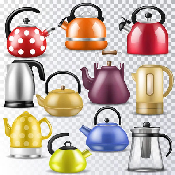 Kettle vector teakettle or teapot to drink tea on teatime and boiled coffee beverage in electric boiler in kitchen illustration kitchenware set isolated on transparent background — Stock Vector