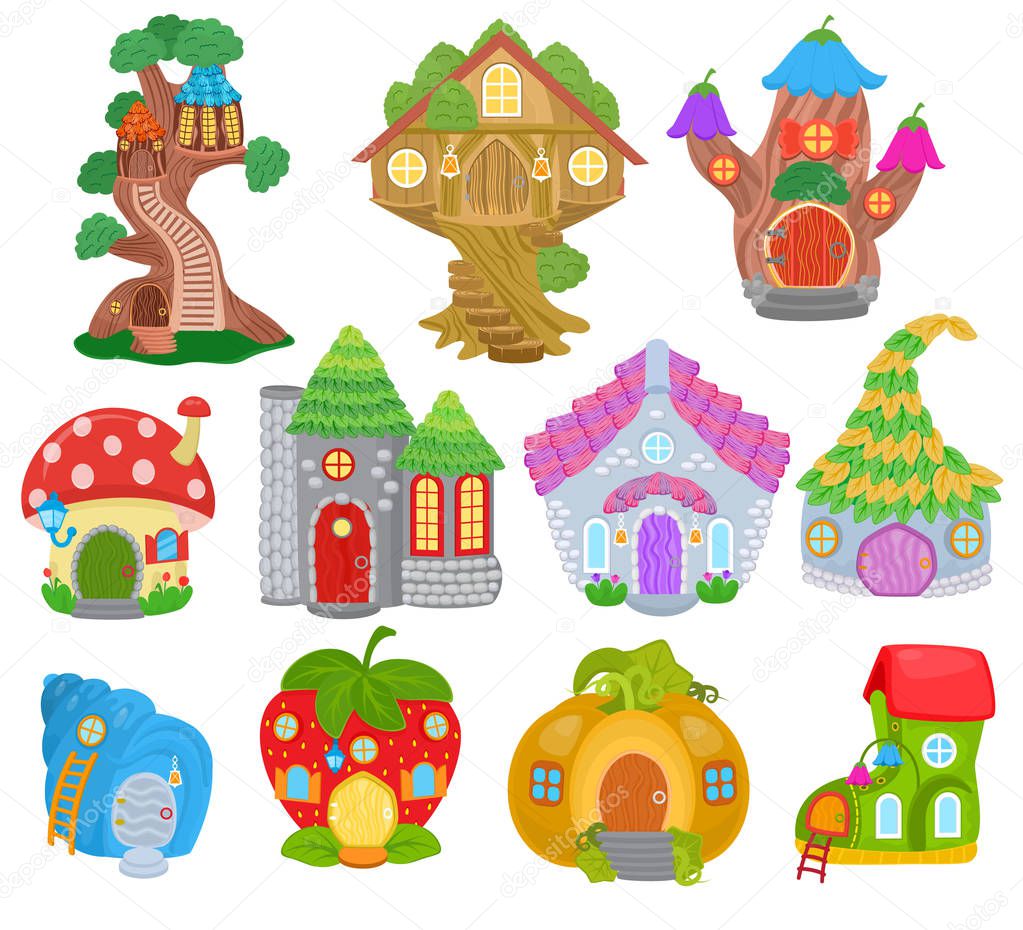 Fantasy house vector cartoon fairy treehouse and magic housing village illustration set of kids fairytale pumpkin or strawberry playhouse isolated on white background