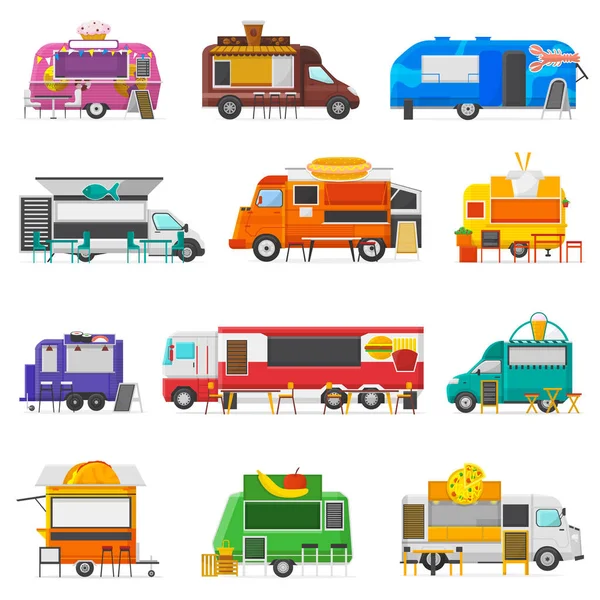 Food Truck Vektor Street Food-Truck Fahrzeug und Fastfood-Lieferung Transport mit Hotdog oder Donut Restaurant oder Coffeeshop Illustration Set von Snack Foodtruck isoliert auf weißem Hintergrund — Stockvektor