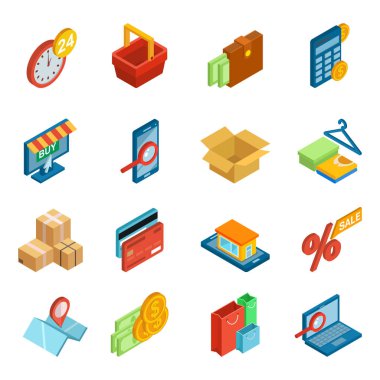 Online alışveriş simge vektör e-ticaret teknoloji dijital ödeme internet salonu ve pos terminal mağaza illüstrasyon izole beyaz arka plan üzerinde e-ticaret izometrik kümesi içinde kredi kartı ile