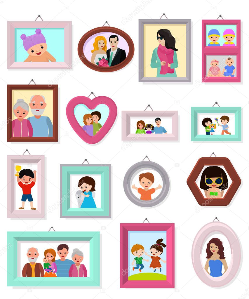 Frame vector framing picture or family photo for wall decoration illustration set of vintage decorative border for photography or portrait with kids and parents isolated on white background