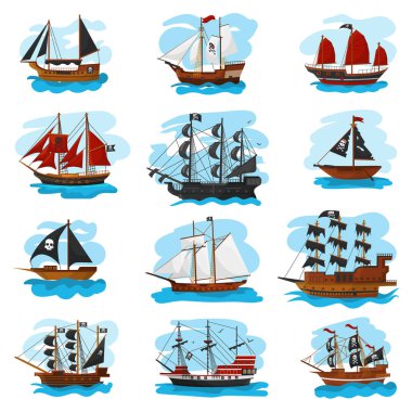 Piratic ship vector pirating boat vessel sailboat and powerful piratical speedboat illustration marine set of pirate shipping isolated on white background clipart