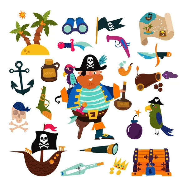 Pirata vector pirata personaje bucanero hombre en traje de pirata en sombrero con espada ilustración conjunto de signos de piratería y barco o velero aislado sobre fondo blanco — Vector de stock