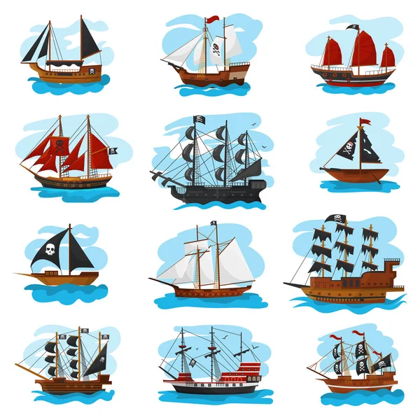 Piratenschiff Vektor Piratenschiff Schiff Segelboot und leistungsstarke Piratenschnellboot Illustration Marine Set von Piratenschifffahrt isoliert auf weißem Hintergrund — Stockvektor