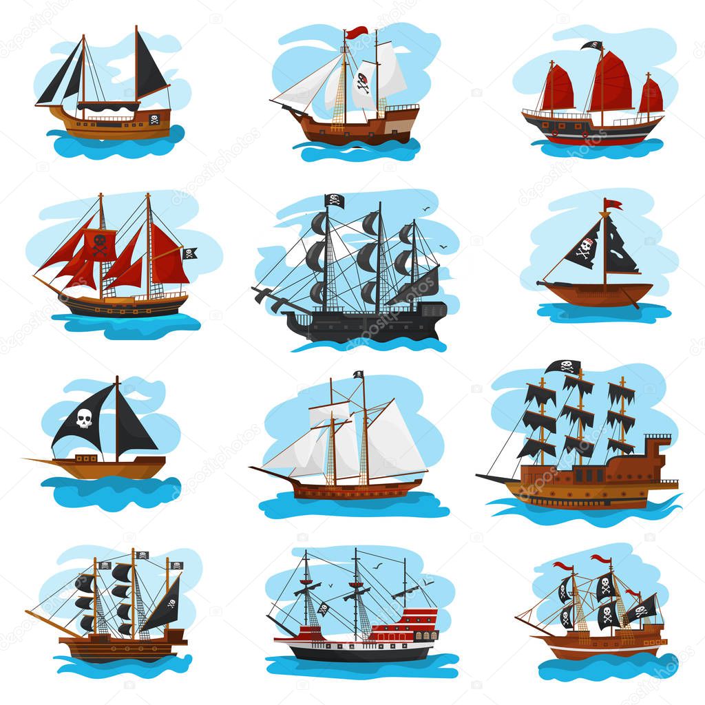 Piratic ship vector pirating boat vessel sailboat and powerful piratical speedboat illustration marine set of pirate shipping isolated on white background