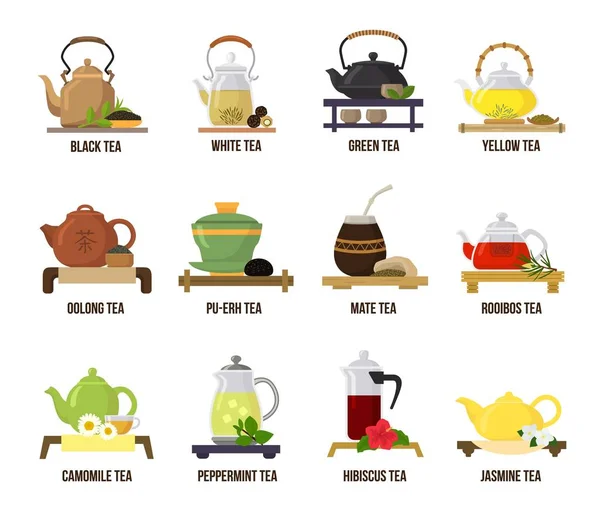 Čaj vektorové zelený nebo černý čaj v konvici ilustrace nápojový soubor jasmínu a rooibos ovocné nápoje na čaj v kavárně izolovaných na bílém pozadí — Stockový vektor