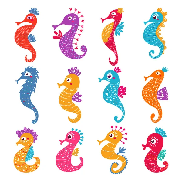 Seahorse vector seafish character or cartoon sea-horse undersea in tropical wildlife illustration set of exotic sea horse in aquarium or ocean isolated on white background — Stock Vector