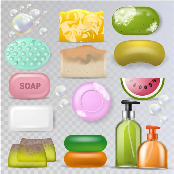 Zeep vector hygiëne soft-soap en bad soaper met zeepbel illustratie Wellness schoonheid set badkamer huid zorg toiletartikelen geïsoleerd op transparante achtergrond — Stockvector
