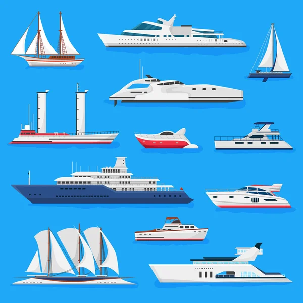 Ships vector boats or cruise travelling in ocean or sea and shipping transportation illustration marine set of nautical sailboat yachting or speedboat isolated on background — Stock Vector