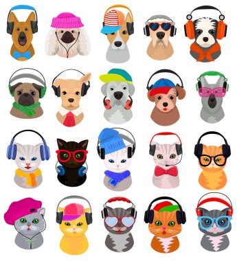 Hayvan kulaklık vektör kedi veya köpek dj hayvansı karakter müzik illüstrasyon kümesine dinlerken kulaklık vahşi köpek ve kedi dj şapkalar karikatür ya da beyaz arka plan üzerinde izole Evcil hayvan moda.