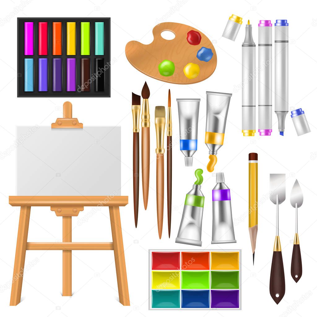 Artist tools vector watercolor with paintbrushes palette and color paints for artwork in art studio illustration artistic painting set brushes or marker pen isolated on white background