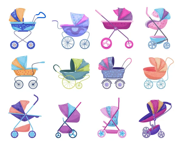 Sittvagnen vector-barnvagn och barnslig buggy med barnvagn för barn eller barn vagn illustration uppsättning baby-buggy för nyfödda med hjul och handtag isolerade på vit bakgrund — Stock vektor