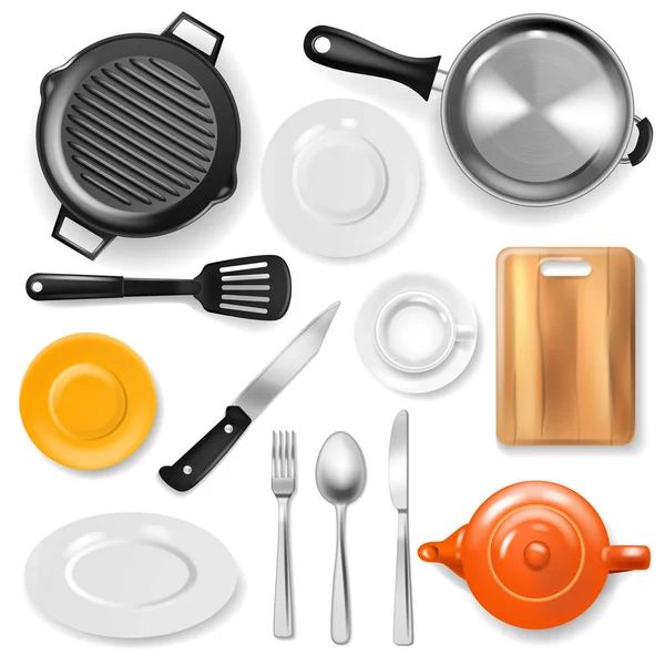 烹调食物用厨房用具餐具和盘子例证集合的平底锅载体厨具或炊具在白色背景下分离的餐具和煎锅或锅 — 图库矢量图片