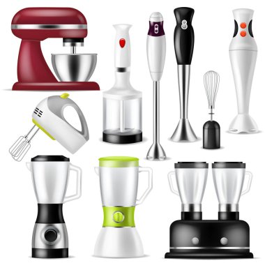 Suyu ve elektrik shaker cihaz illüstrasyon izole beyaz arka plan üzerinde içki karıştırma için mutfak homeappliance kümesi karıştırma blender vektör Meyve Sıkacağı makine veya karıştırıcı cihaz