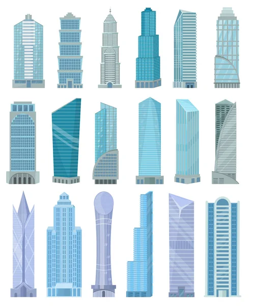 都市景観の建物を高層ビル都市のスカイラインとビジネスの事務本館商業会社のベクトル、白い背景で隔離の高い空設定図のアーキテクチャを構築 — ストックベクタ