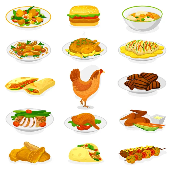 Tavuk vektör karikatür piliç karakter tavuk ve gıda-kanat ile patates kızartması ve barbekü et yemek illüstrasyon takımı fastfood hamburger ve patates kızartması beyaz arka plan üzerinde izole için