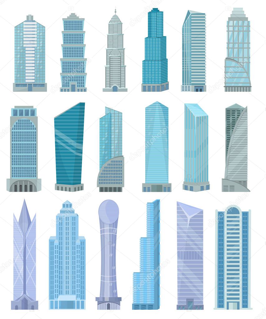 Building skyscraper in cityscape vector city skyline and business officebuilding of commercial company and build architecture to high sky set illustration isolated on white background