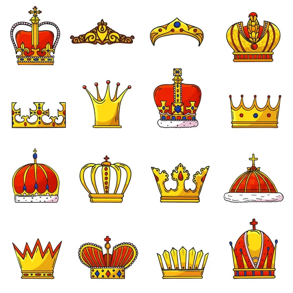 Crown vector golden royal jewelry symbol of king queen and princess illustration sign of crowning prince authority and crown jeweles set isolated on white background — Stock Vector