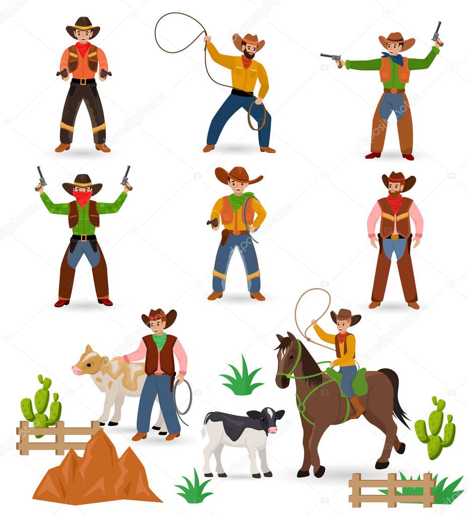 Cowboy vector western cow boy or wild west sheriff signs hat or horseshoe in wildlife desert with cactus illustration wildly horse character for rodeo set isolated on white background