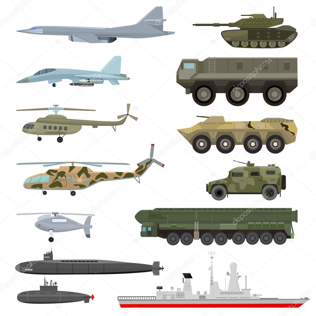 Military technics vector army transport plane and armored tank or helicopter illustration technical set of armored aviation and armoured submarine isolated on white background