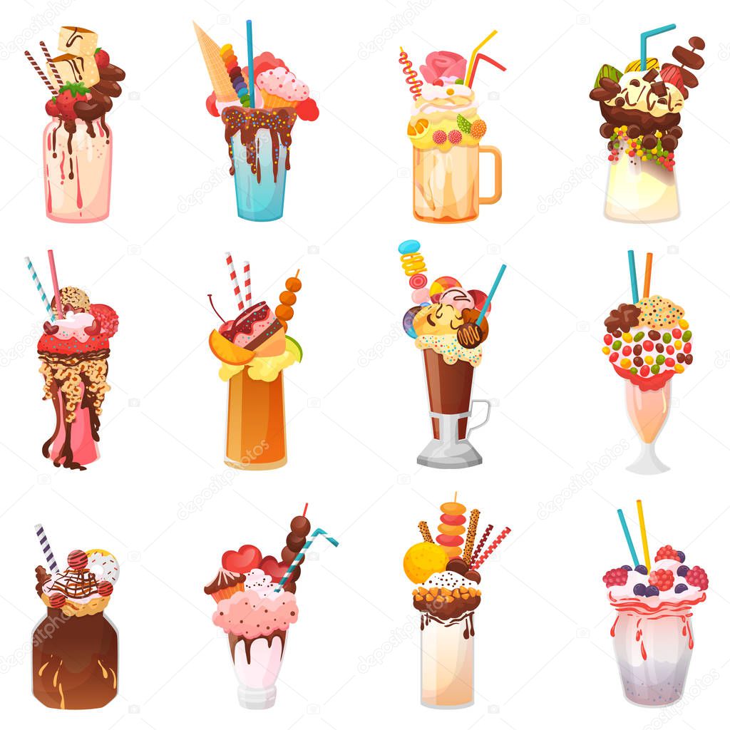 Milkshakes vector healthy ice-cream drink in glass or fresh milk beverage mix in bottle illustration set of icecream juice in glassful or jar isolated on white background
