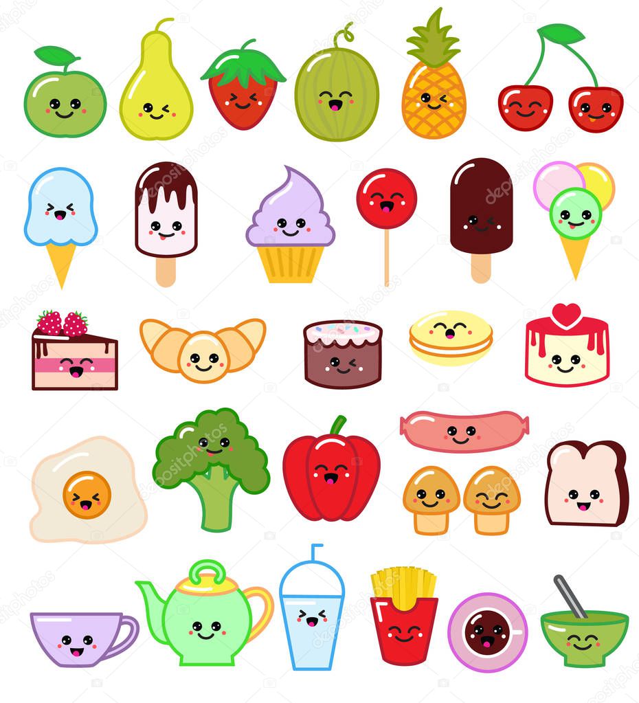 Kawaii food vector emoticon japanese fruit or vegetable character and emoji dish with cartoon sausage in Japan restaurant illustration set of facial emotions isolated on white background