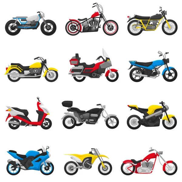Motorcycle vector motorbike and motoring cycle ride transport chopper illustration motorcycling set of scooter motor bike isolated on white background — Stock Vector
