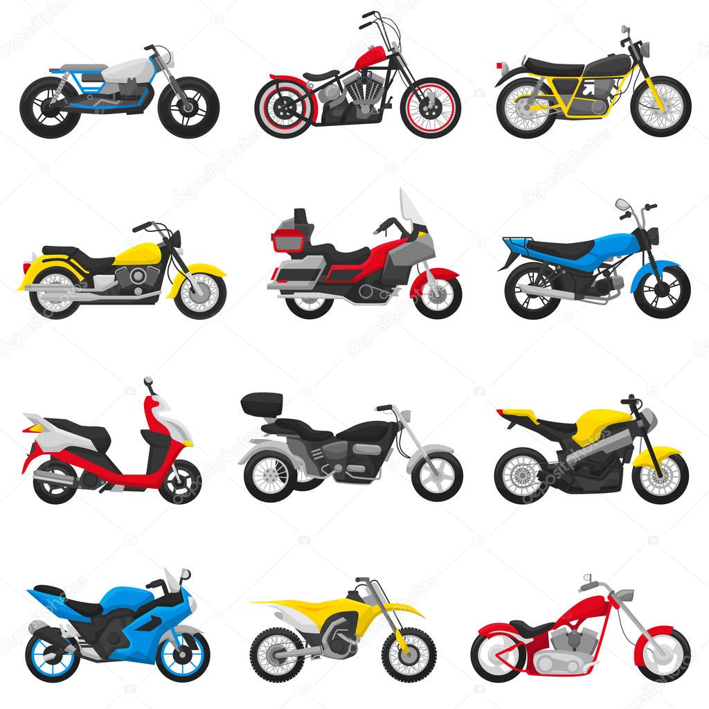Motorcycle vector motorbike and motoring cycle ride transport chopper illustration motorcycling set of scooter motor bike isolated on white background