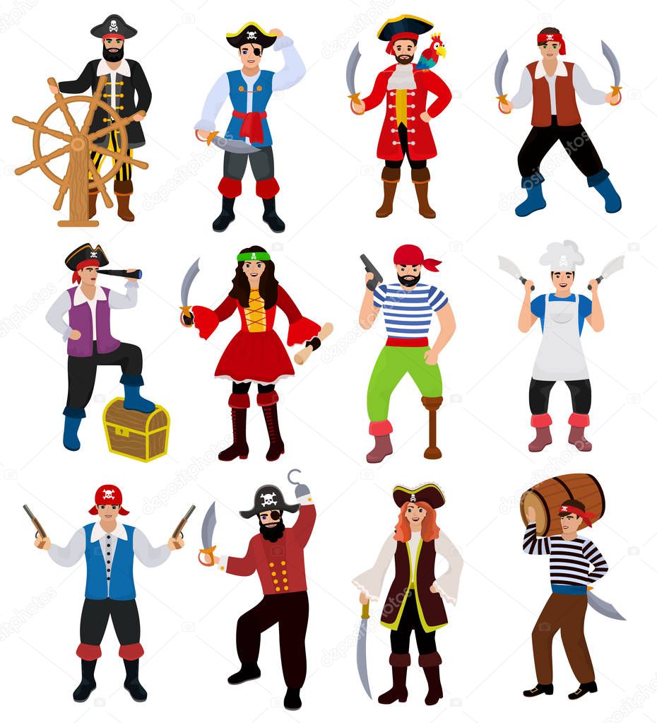 Pirate vector piratic character buccaneer man in pirating costume in hat with sword illustration set of piracy sailor person isolated on white background