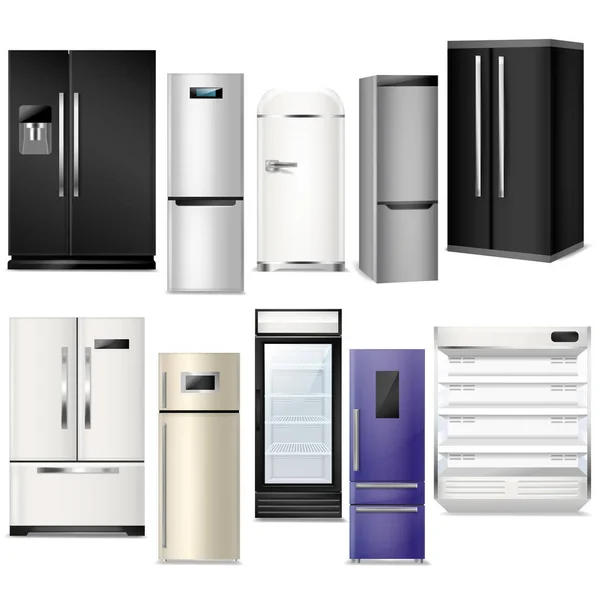 冰箱矢量冰箱或冰箱和冷库设备在厨房插图集制冷家电在白色背景下隔离 — 图库矢量图片
