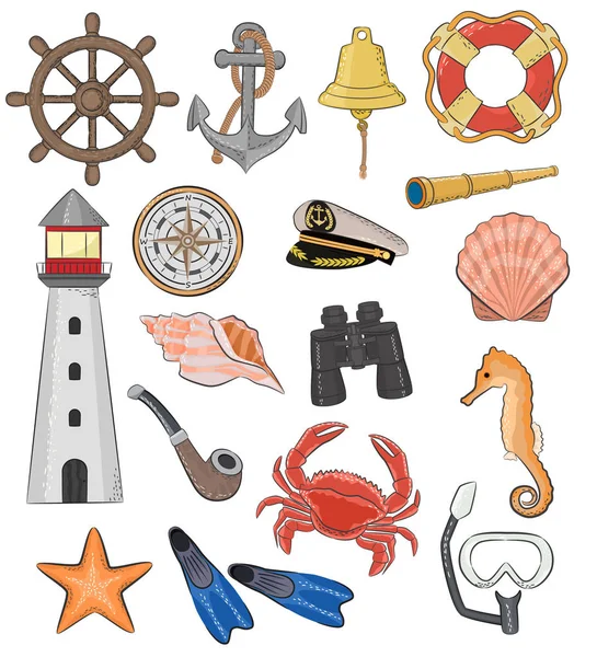 Símbolos marinos o náuticos de vectores marinos faro y rueda de barco o ancla de velero o boya salvavidas ilustración conjunto marítimo de caballitos de mar y concha de mar aislados sobre fondo blanco — Vector de stock