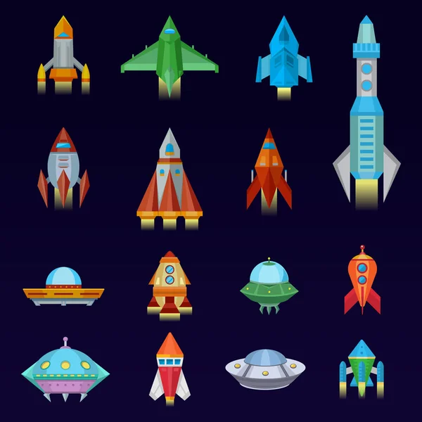 Raket vektor rymdskepp eller rymdfarkoster och spacy ufo illustration uppsättning fördelade fartyg eller rocketship flyger i universum utrymme isoleras på bakgrund — Stock vektor