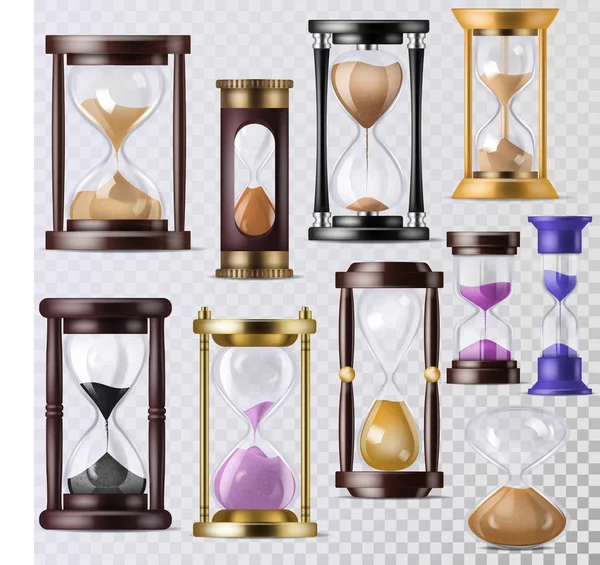 Sandglass vector glas klok met stromende zand en zandloper klokte in tijd illustratie klokt alarmtimer countdown tijd set geïsoleerd op transparante achtergrond — Stockvector