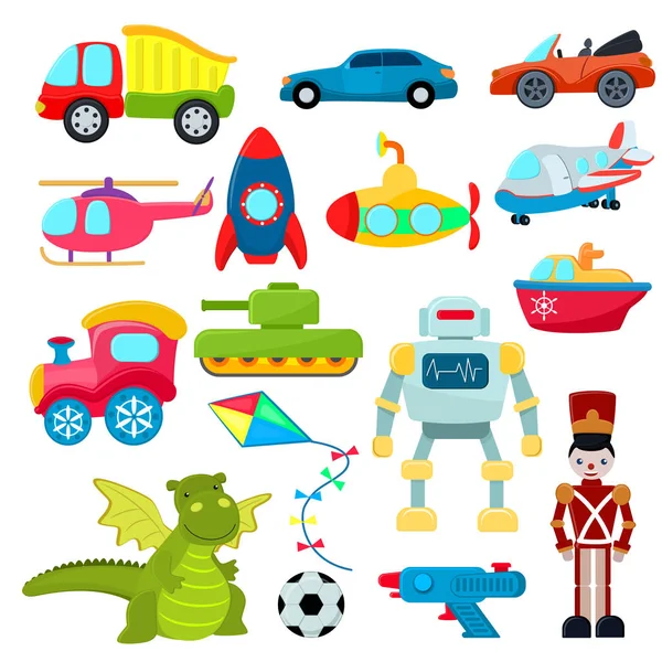 Zabawki dla dzieci wektor kreskówka gry helikopter lub statek podwodny dla dzieci i zabawy z chłopców samochód lub pociąg ilustracja chłopięcy zestaw robot i dinozaur w pokoju zabaw na białym tle — Wektor stockowy