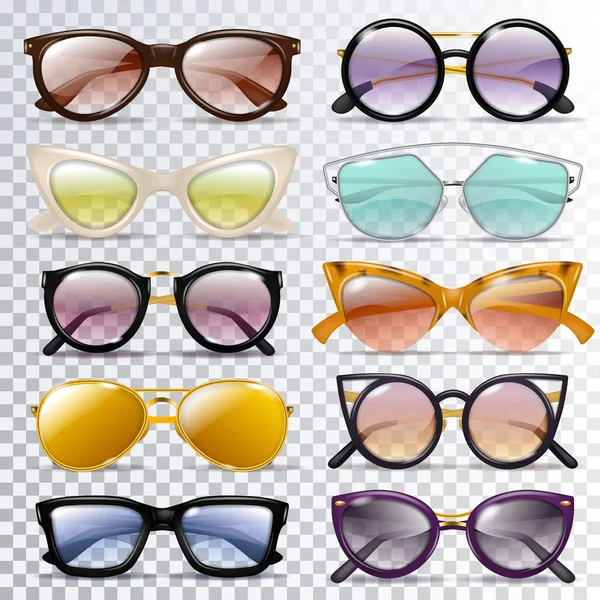 Glasses vector cartoon eyeglasses or sunglasses in stylish shapes for party and fashion optical spectacles set of eyesight view accessories illustration isolated on transparent background — Stock Vector