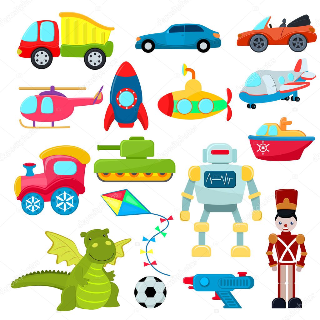 Kids toys vector cartoon games helicopter or ship submarine for children and playing with boys car or train illustration boyish set of robot and dinosaur in playroom isolated on white background