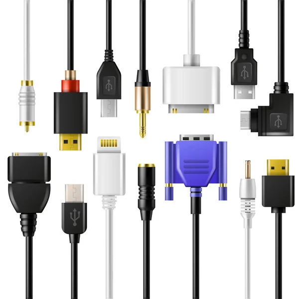 Cable de cable USB cargador de teléfono vectorial dispositivo eléctrico de tecnología de carga conjunto de ilustración de conector de computadora para conexión de red aislado sobre fondo blanco — Archivo Imágenes Vectoriales