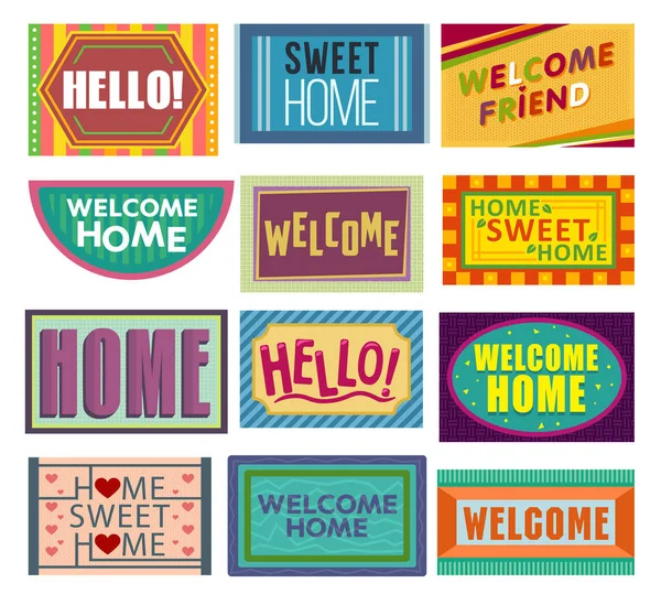 Home mat vector welcome doormat in front of house entrance and doorway matting rug for visitors illustration household set of homecoming welcome enter decoration isolated on white background — Vetor de Stock