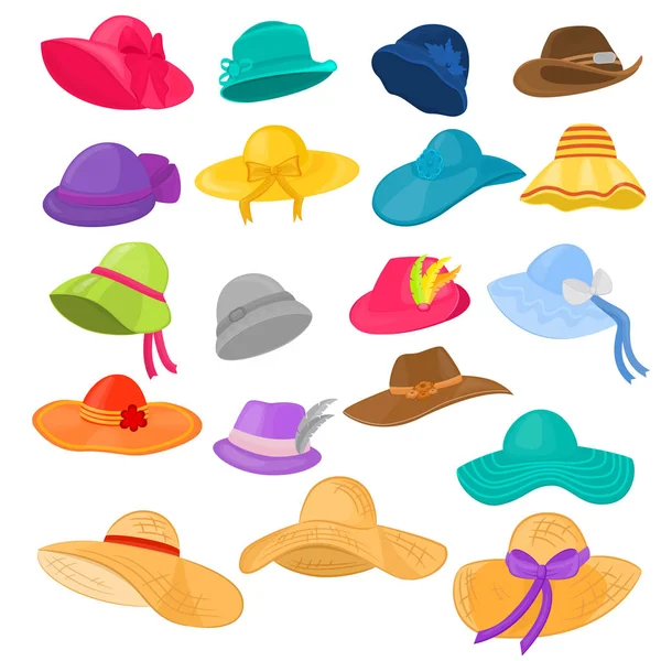 Mujer sombrero vector moda ropa tocados o prendas de vestir de verano y hembra elegante accesorio ilustración auriculares de señora cabeza de desgaste o vestido de niña aislado sobre fondo blanco — Archivo Imágenes Vectoriales