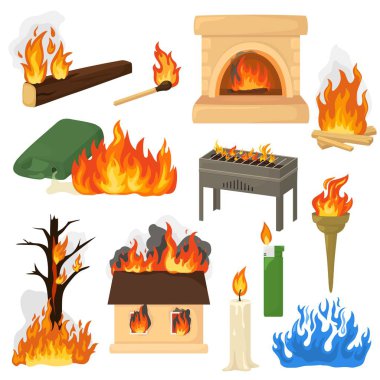 Fire flame vector fired flaming bonfire in fireplace and flammable campfire illustration fiery set of flamy torchlight or lighting flambeau isolated on white background clipart