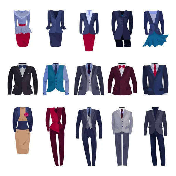 Costume d'entreprise vecteur homme d'affaires ou femme d'affaires entreprise vêtements adaptés illustration ensemble de gérant ou de travailleur vêtements code vestimentaire au bureau isolé sur fond blanc — Image vectorielle