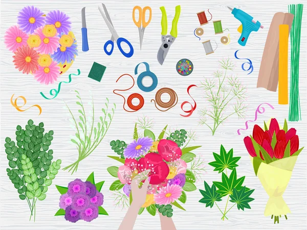 Floristics διάνυσμα Ανθοπωλεία (Ανθοπωλείο) χέρια κάνουν όμορφη floral ανθοδέσμη και τακτοποίηση λουλούδια στο ανθοπωλείο εικονογράφηση ανθοφορία ρύθμιση πίνακα με εργαλεία ψαλίδι σε ανθισμένο φόντο — Διανυσματικό Αρχείο