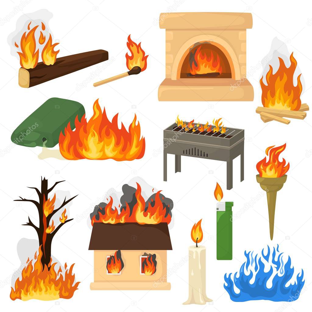 Fire flame vector fired flaming bonfire in fireplace and flammable campfire illustration fiery set of flamy torchlight or lighting flambeau isolated on white background