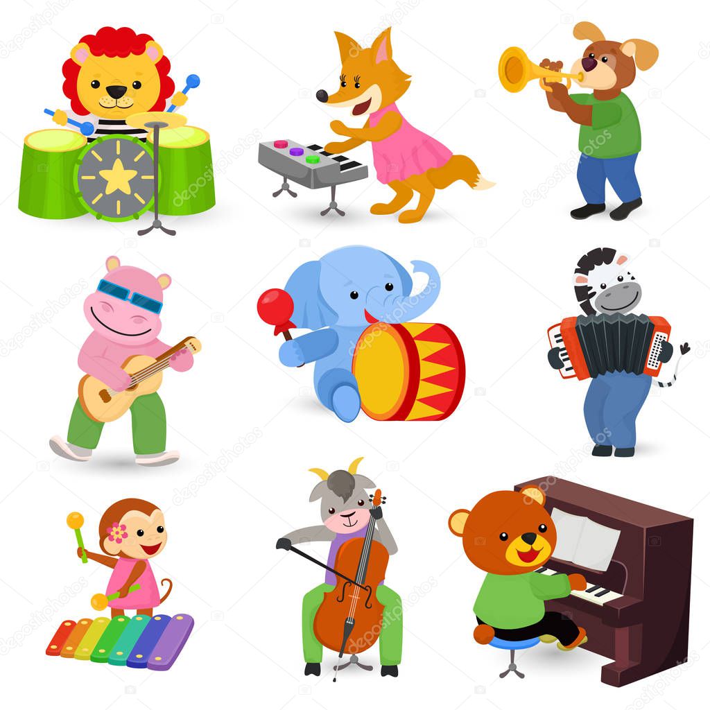 Animal music vector animalistic character musician lion or dog playing on musical instruments guitar and piano illustration set of elephant or monkey with drum isolated on white background