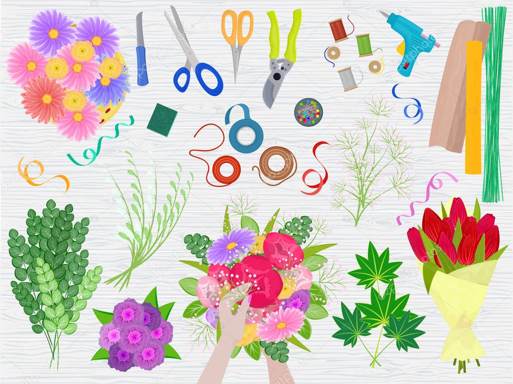 Floristics vector florists hands making beautiful floral bouquet and arranging flowers in flowershop illustration of flowering arrangement table with tools scissors on flowered background