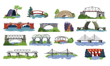 Bridge vector bridged urban crossover architecture and bridge-construction for transportation illustration set of river bridge-building with carriageway isolated on white background clipart