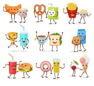 Gıda kawaii vektör karikatür ifade karakterleri fastfood hamburger halka ifade illüstrasyon Sevgililer seti beyaz arka plan üzerinde izole aşık kahve emoji öpüşme burger duygu sevgi dolu