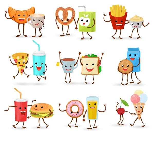 Cibo kawaii vettore cartone animato espressione personaggi di fastfood hamburger amare emoticon ciambella illustrazione valentines set di hamburger emozione baciare caffè emoji in amore isolato su sfondo bianco — Vettoriale Stock
