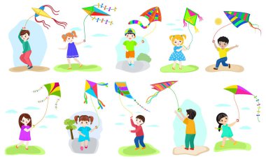 Vektör çocuk karakter erkek ve kız childly kiteflying etkinliği illüstrasyon alt kümesini beyaz arka plan üzerinde izole uçurtma oyunu oynamaya çocuklar uçurtma